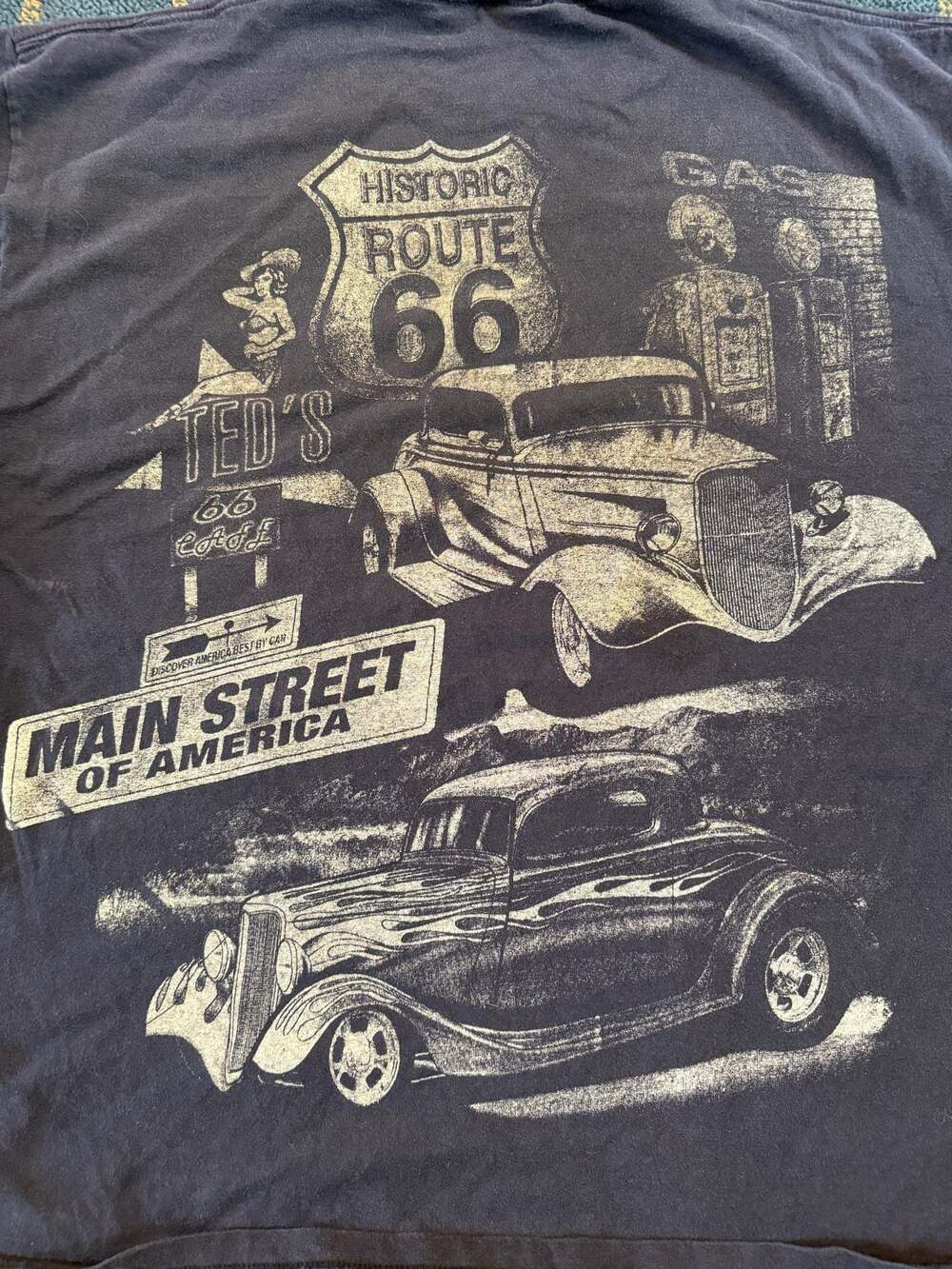 Vintage 1997 Route 66 Main Street America Double Sided Hot Rod T-Shirt